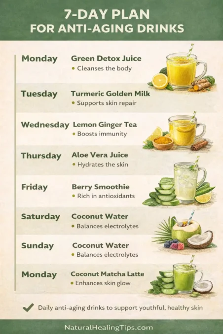 Infographic showing a 7-day anti-aging drinks plan including green detox juice, turmeric milk, aloe vera juice, berry smoothie, and coconut water