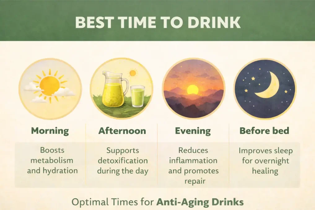 Infographic showing the best time to drink anti-aging drinks in the morning, afternoon, and night for maximum health and skin benefits