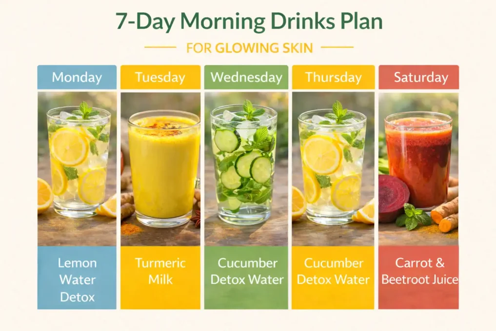 Morning Drinks for Glowing Skin 6 morning drinks for glowing skin 7 day plan showing natural detox drinks for clear and radiant skin