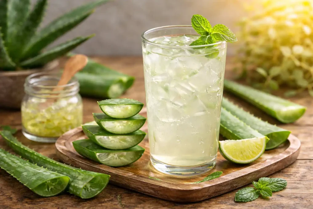 Fresh aloe vera juice in a glass with aloe leaves, a natural anti-aging drink for skin hydration and digestion