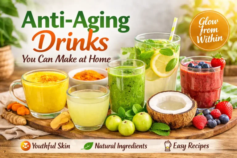 Anti-aging drinks you can make at home including turmeric milk, green juice, lemon water, and berry smoothie for glowing skin