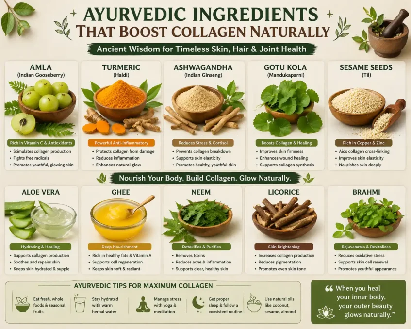 Natural Collagen Boosting Foods & Drinks 5 ayurvedic ingredients like amla turmeric ashwagandha sesame seeds and herbs used for natural collagen boosting and skin health