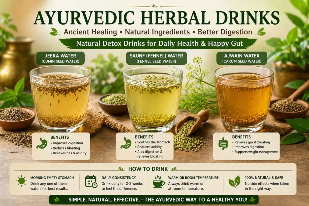 natural detox drinks for daily health Ayurvedic herbal drinks like jeera water, fennel water, and ajwain water for digestion and gut balance