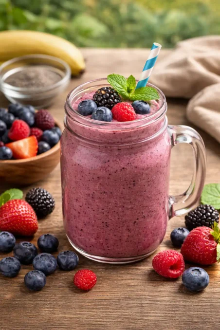 Fresh berry smoothie with blueberries, strawberries, and raspberries rich in antioxidants for anti-aging and skin health