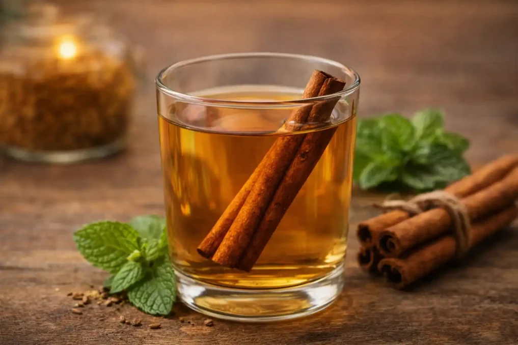 7 Indian Herbal Waters That Transform Digestion 4 Glass of cinnamon water with cinnamon sticks used for improving digestion and supporting metabolism naturally
