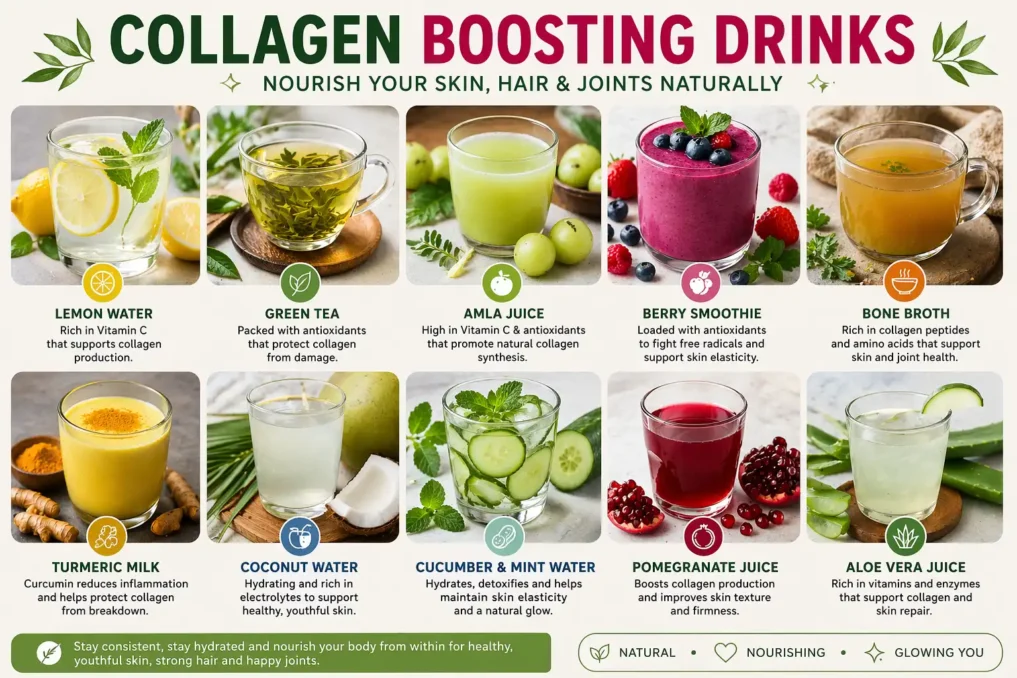 Natural Collagen Boosting Foods & Drinks 3 collagen boosting drinks infographic including lemon water green tea amla juice smoothie bone broth turmeric milk and coconut water