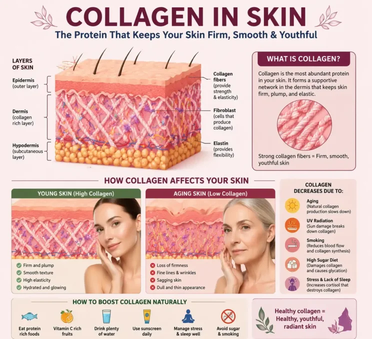 Natural Collagen Boosting Foods & Drinks 1 collagen in skin diagram showing layers epidermis dermis collagen fibers and difference between young and aging skin