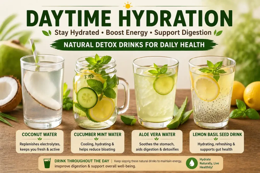 natural detox drinks for daily health including coconut water and mint cucumber infused water for hydration, digestion, and gut balance