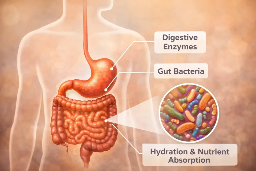 7 Indian Herbal Waters That Transform Digestion 1 Illustration of human digestive system and gut bacteria showing how herbal waters support digestion, hydration, and gut health