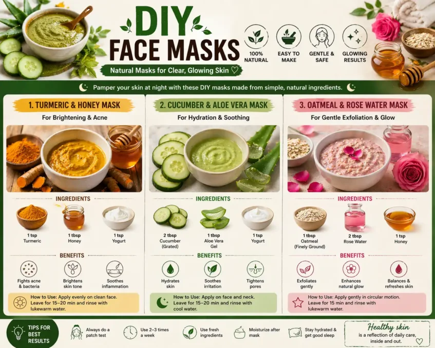 diy face masks for clear skin naturally using turmeric honey aloe vera cucumber and oatmeal for glowing skin at night