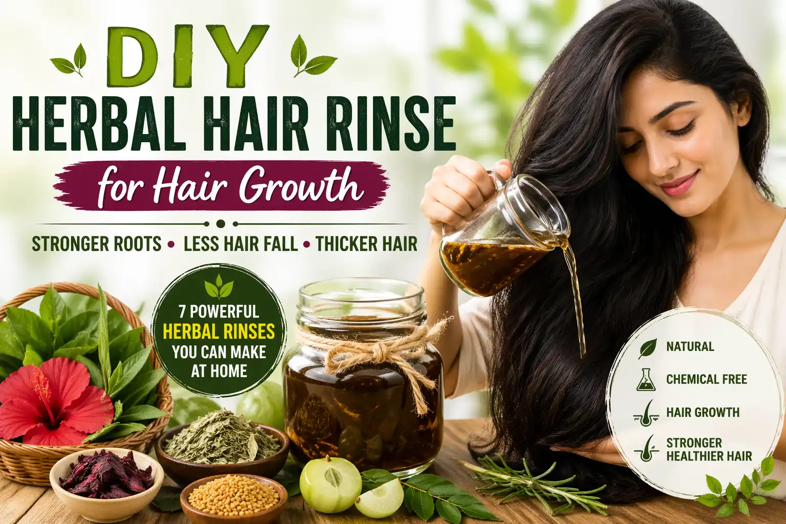 DIY herbal hair rinse for hair growth using natural ingredients like hibiscus neem amla and rosemary