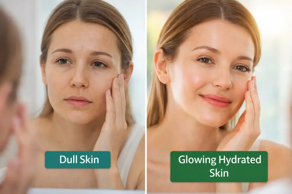 Morning Drinks for Glowing Skin 1 dull skin vs glowing hydrated skin comparison showing effects of hydration