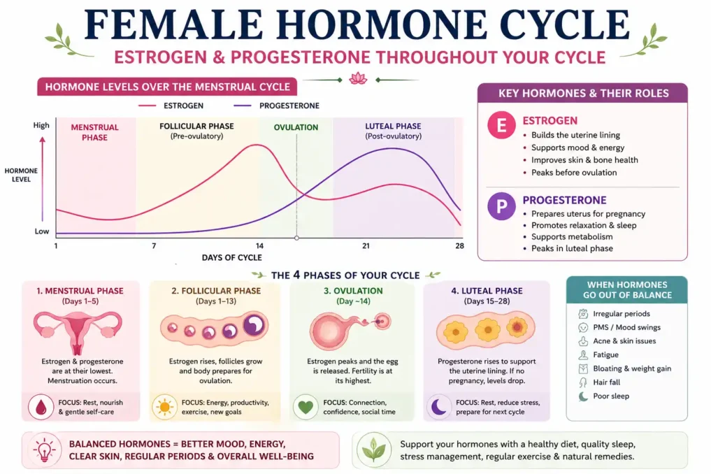 Natural ways to balance hormones in females hormone cycle diagram showing estrogen and progesterone changes across menstrual cycle phases