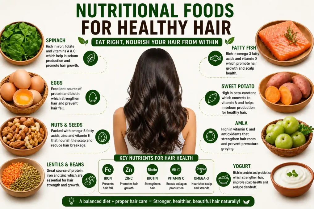 healthy foods like eggs nuts spinach fruits and seeds that help reduce hair fall and promote hair growth