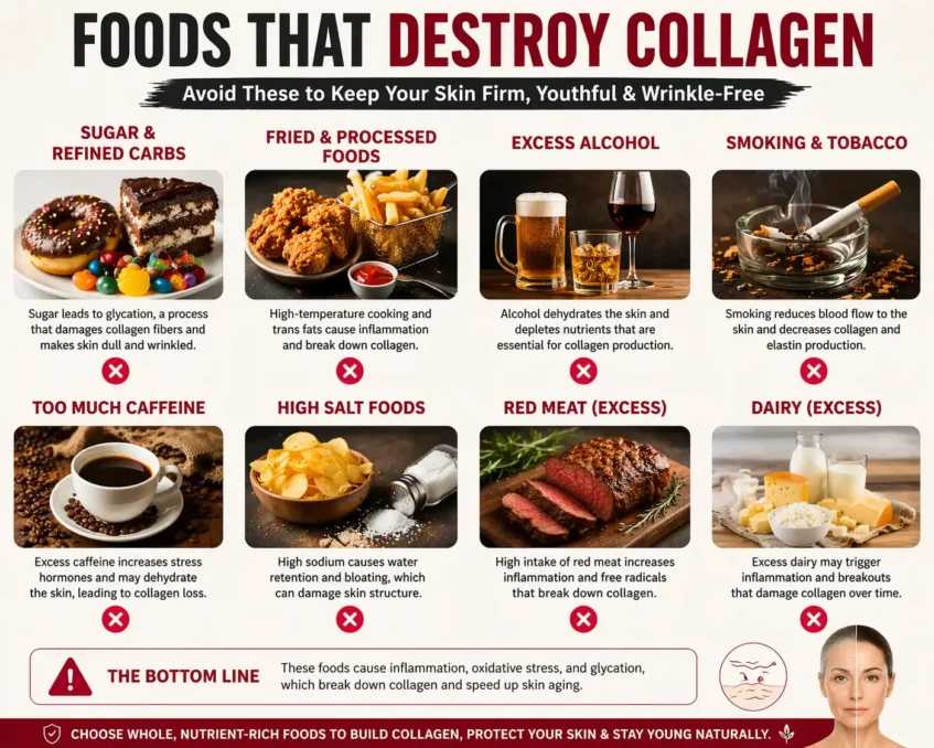 Natural Collagen Boosting Foods & Drinks 4 foods that destroy collagen including sugar fried foods alcohol smoking caffeine salt red meat and dairy affecting skin health