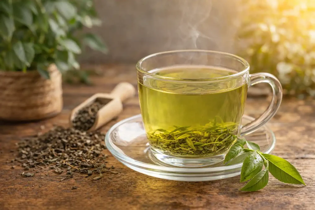 Fresh green tea in a glass cup with tea leaves, rich in antioxidants for anti-aging and glowing skin