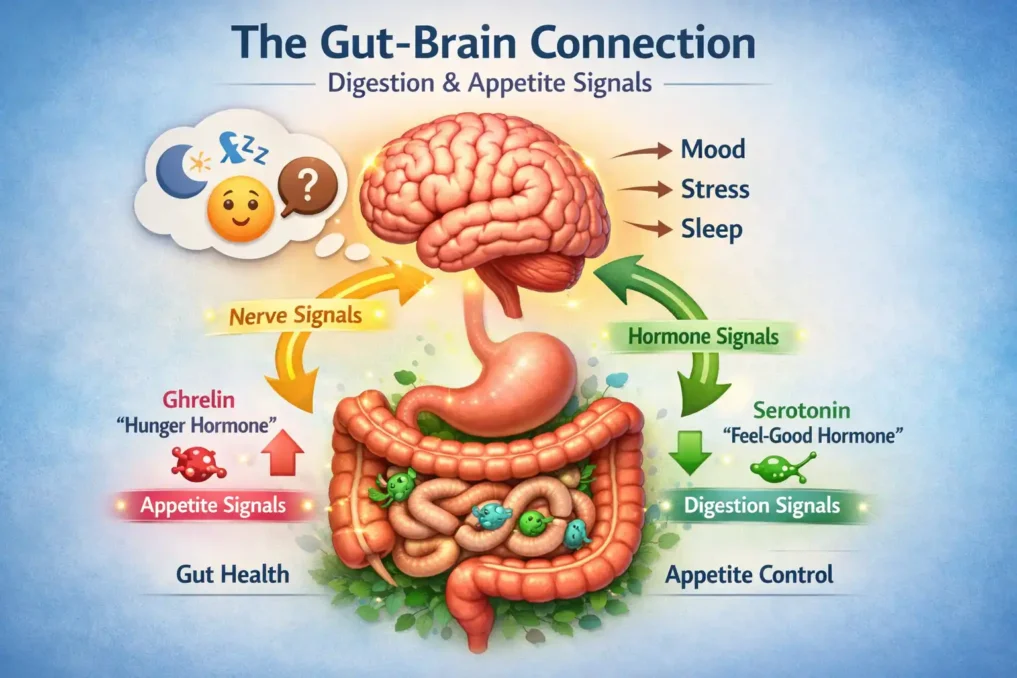 What to Eat When You Don’t Feel Hungry 2 gut brain connection digestion and appetite signals illustration