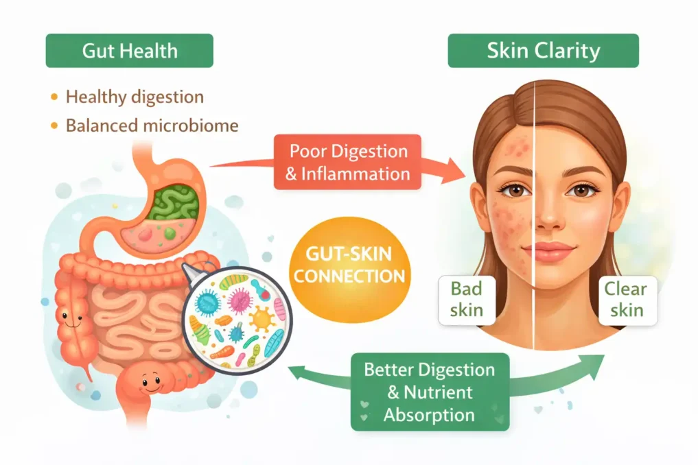 Morning Drinks for Glowing Skin 2 gut health and skin connection diagram showing how digestion affects skin clarity and glowing skin