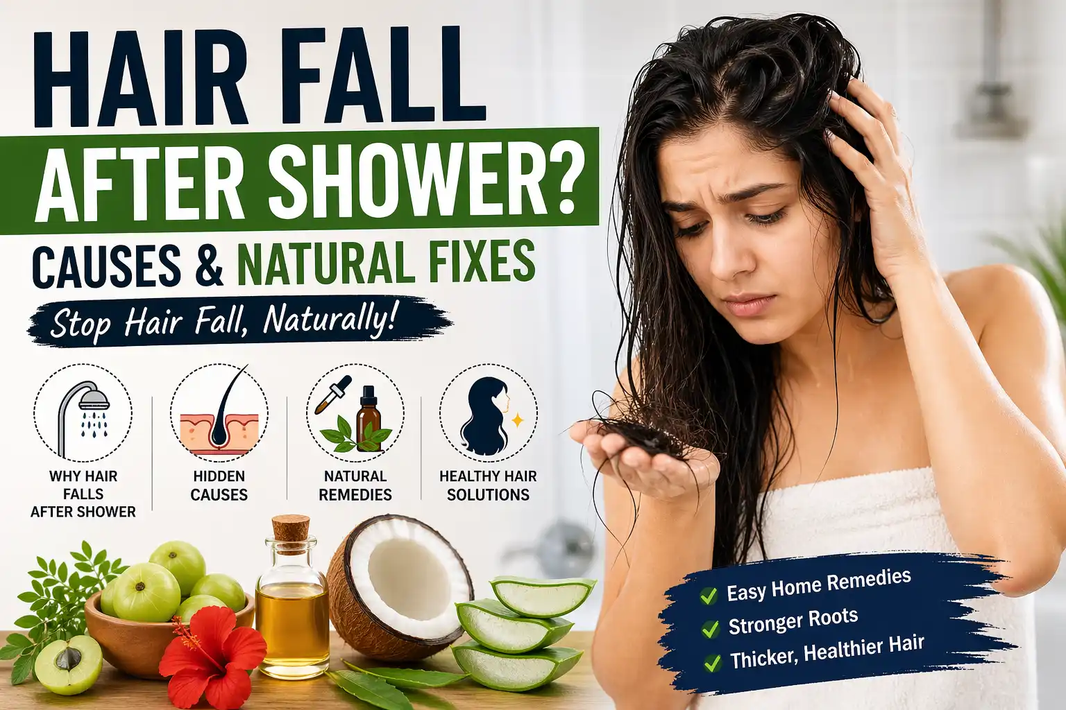 Hair fall after shower showing causes and natural remedies to reduce hair loss naturally