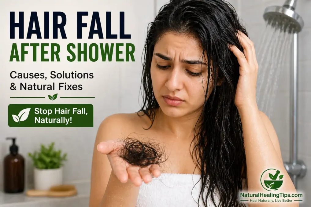 person noticing excessive hair fall after shower holding wet hair strands in hand