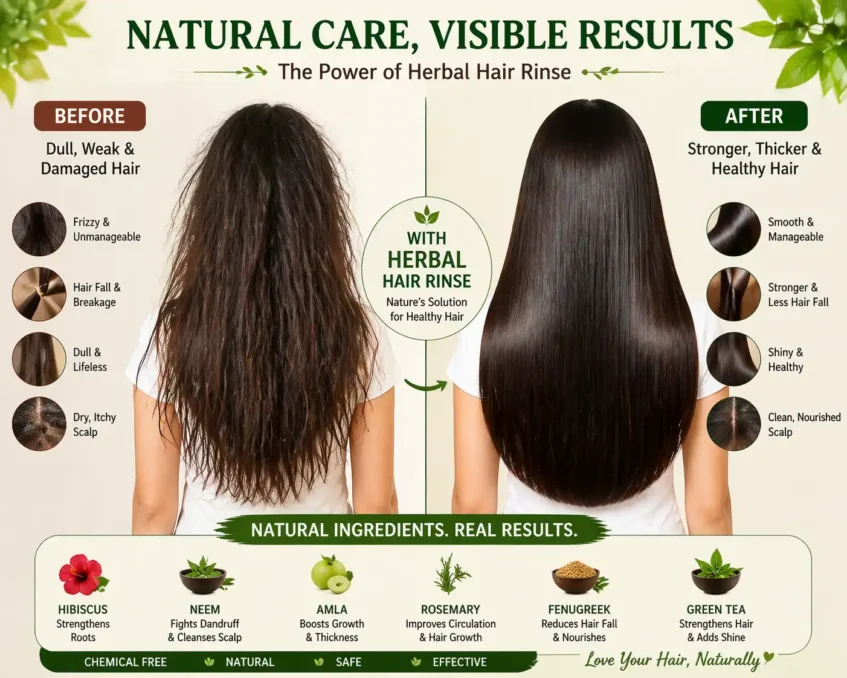 before and after comparison of hair showing dry damaged hair versus smooth healthy shiny hair after using natural herbal hair care routine