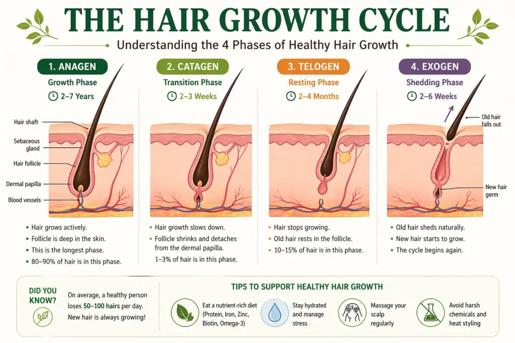 diagram showing hair growth cycle phases including anagen growth phase, catagen transition phase, telogen resting phase, and exogen shedding phase with scalp structure