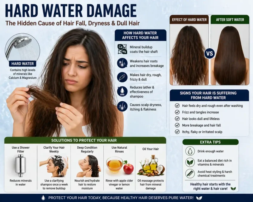 hard water causing hair damage dryness hair fall and mineral buildup on scalp and hair
