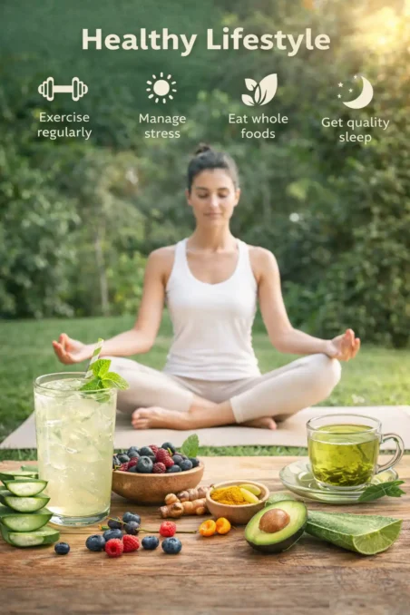 Healthy lifestyle with yoga, herbal drinks, fruits, and natural foods to support anti-aging and overall wellness