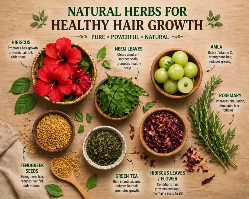 flat lay of natural herbal ingredients including hibiscus flowers, neem leaves, amla, rosemary, and fenugreek used for DIY hair rinse and hair growth