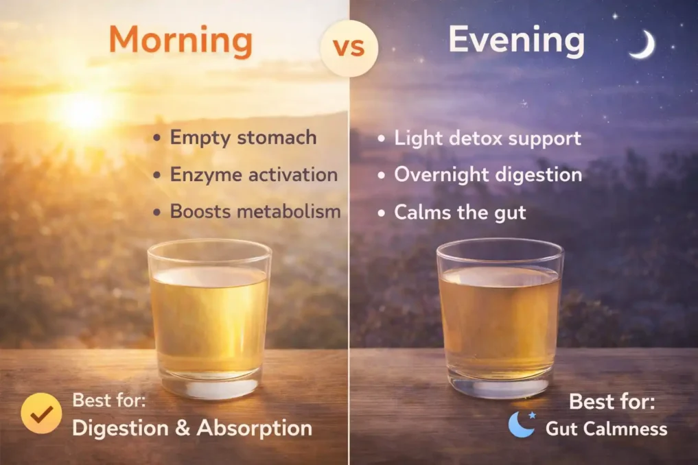 7 Indian Herbal Waters That Transform Digestion 7 Illustration showing morning and evening routine for drinking herbal waters to improve digestion and gut health naturally