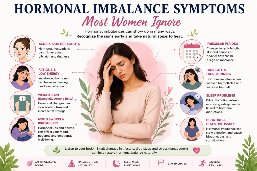 Natural ways to balance hormones in females symptoms infographic showing acne fatigue mood swings irregular periods hair fall and sleep problems