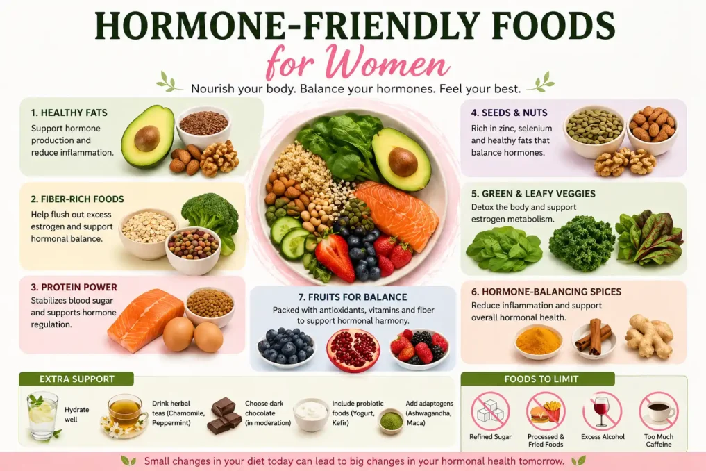 Natural ways to balance hormones in females using hormone friendly foods like healthy fats seeds leafy greens fruits and protein rich diet