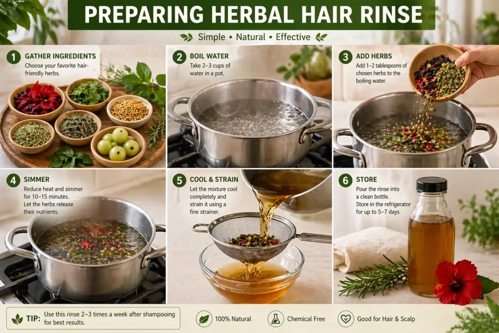 step by step process showing how to prepare DIY herbal hair rinse for hair growth using natural ingredients like hibiscus neem and amla