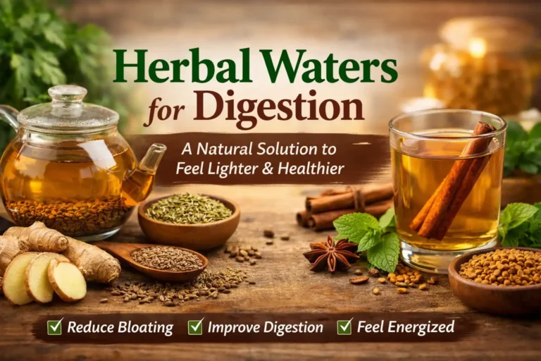 Glass jars of Indian herbal waters including jeera, ajwain, and cinnamon used for improving digestion and reducing bloating naturally