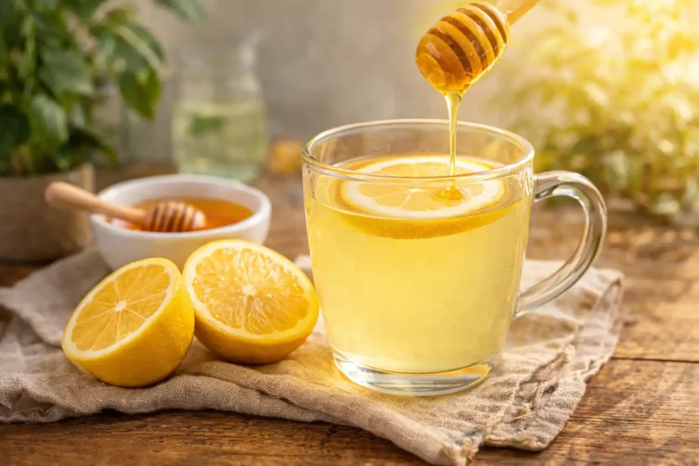 Warm lemon honey water in a glass for anti-aging benefits, detox, hydration, and glowing skin