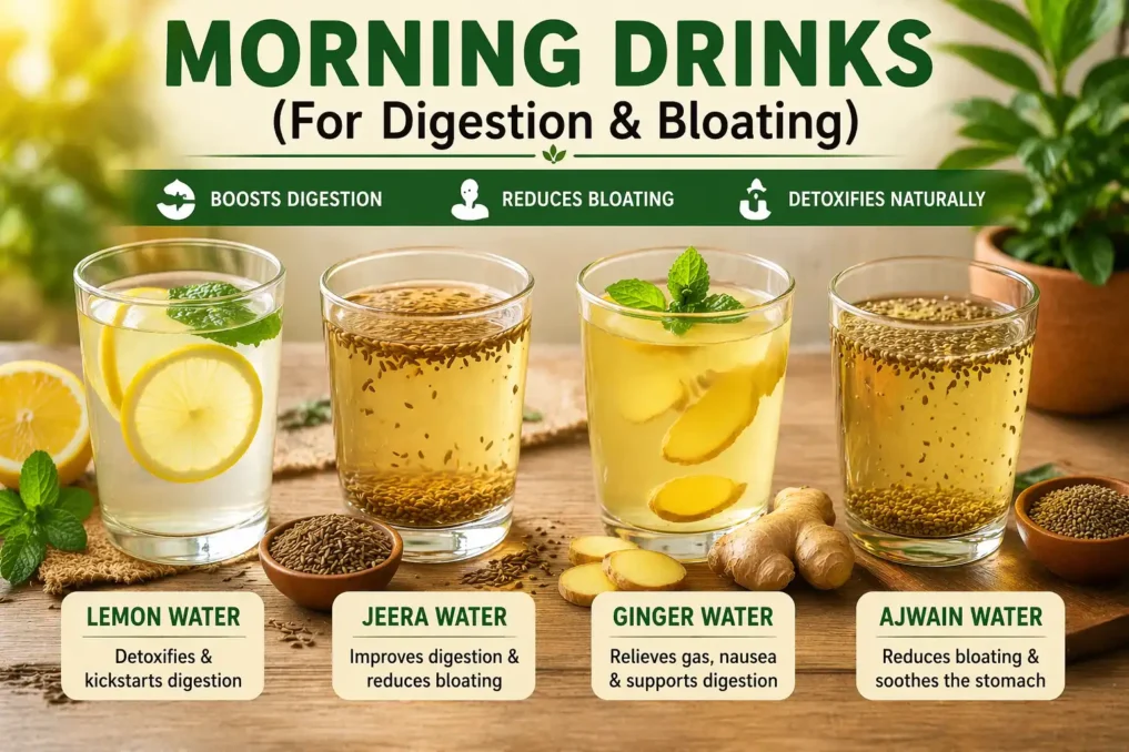 natural detox drinks for daily health morning drinks like lemon water, jeera water, ginger water, and ajwain water for digestion and bloating relief