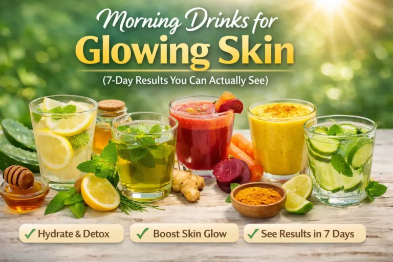 Morning drinks for glowing skin including lemon water, green tea, carrot beetroot juice, turmeric milk, and cucumber water arranged on a table