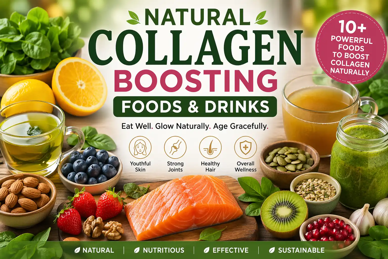 natural collagen boosting foods and drinks including fruits vegetables drinks for glowing skin