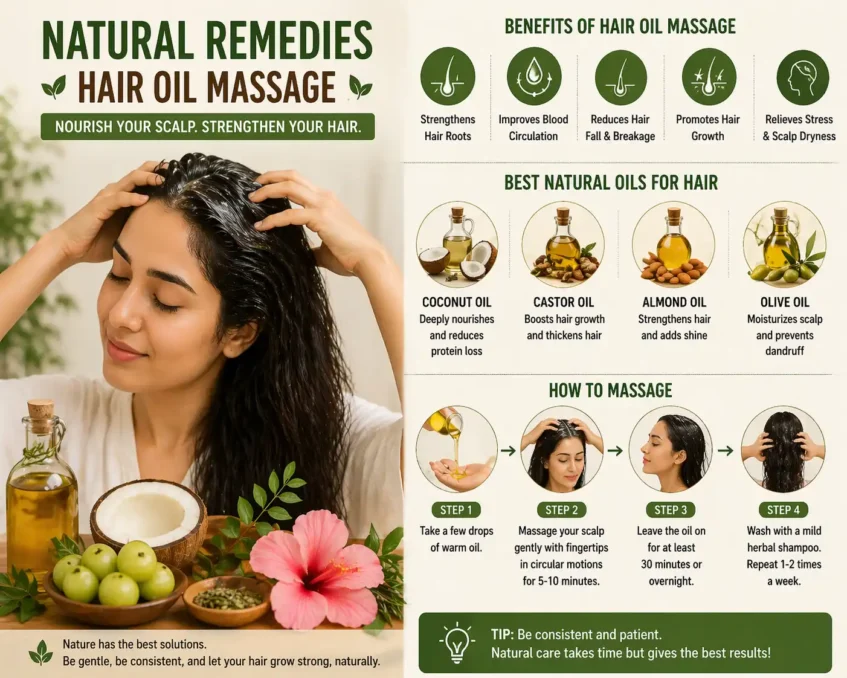 applying coconut oil massage on scalp as a natural remedy to reduce hair fall and strengthen hair roots