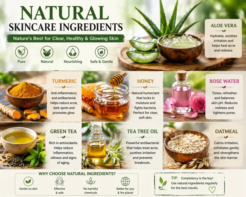 natural skincare ingredients like aloe vera turmeric honey and rose water used in night routine for clear skin naturally