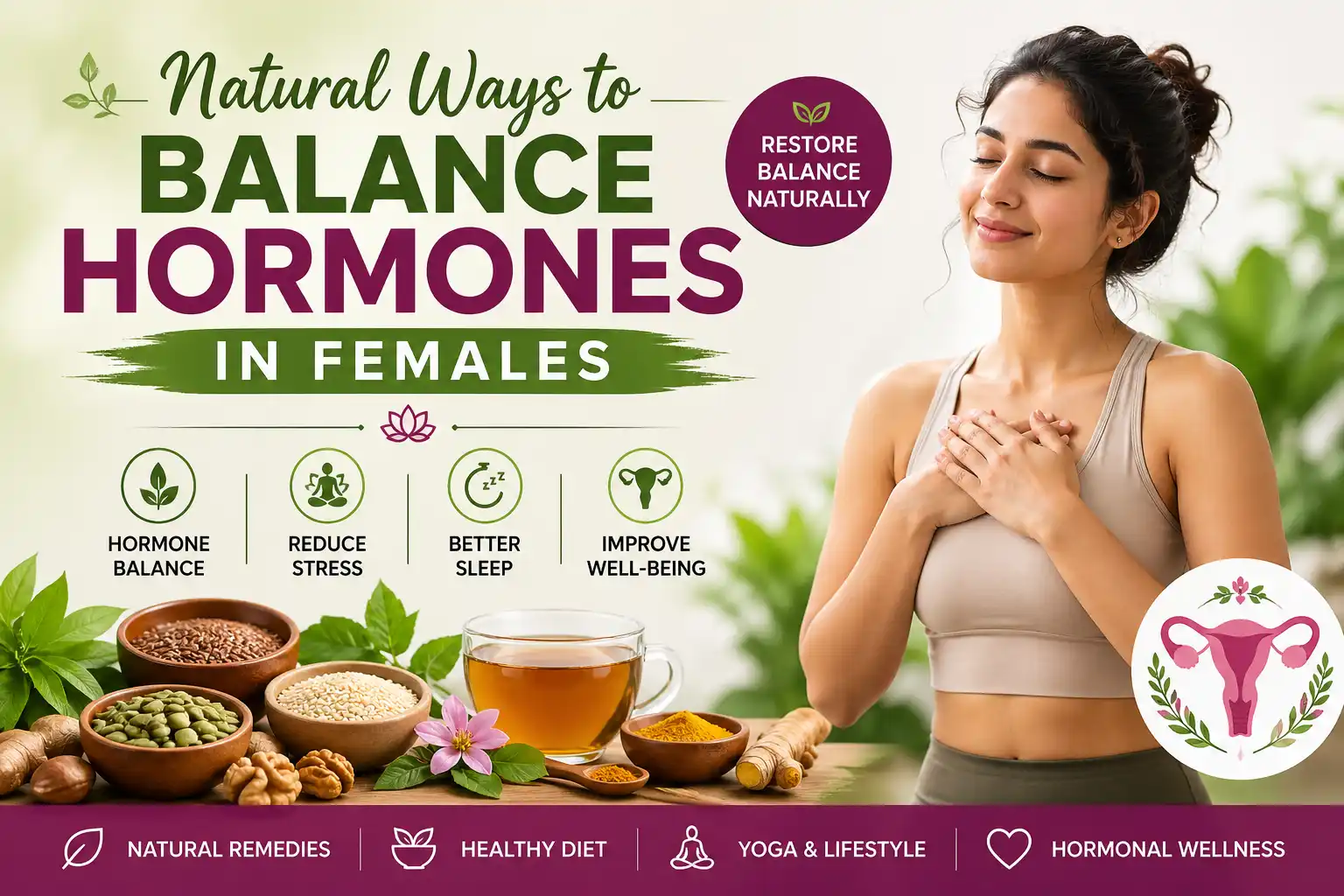 Natural ways to balance hormones in females using healthy lifestyle habits like yoga, herbal tea, and nutritious foods
