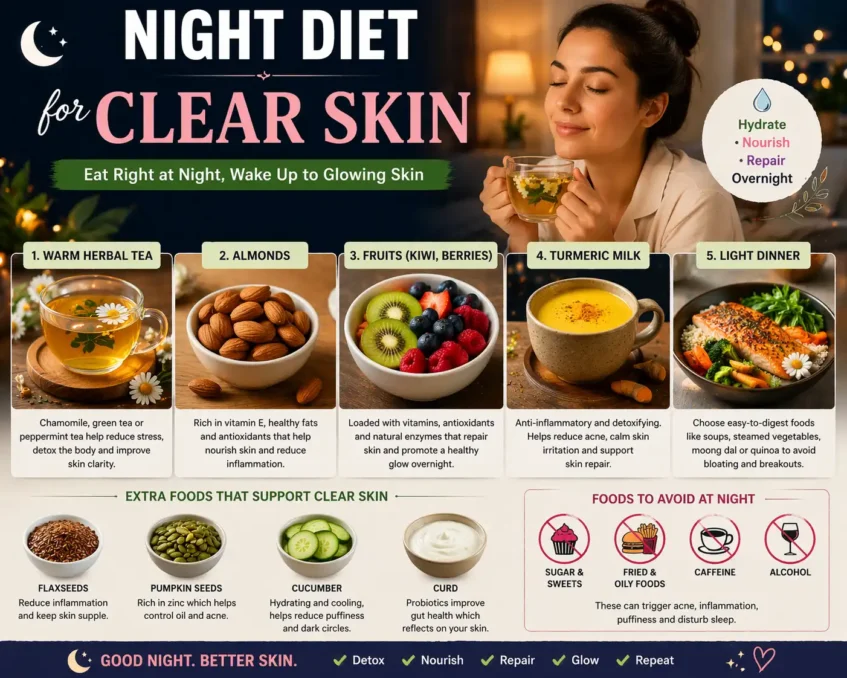 healthy night diet for clear skin including almonds herbal tea fruits and turmeric milk for glowing skin naturally