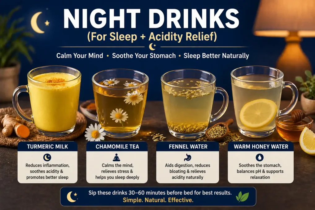 natural detox drinks for daily health night drinks like turmeric milk, chamomile tea, fennel water, and warm honey water for better sleep and acidity relief