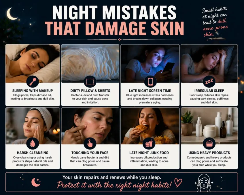 common night routine mistakes like sleeping with makeup, dirty pillow, late night screen time and junk food causing acne and dull skin
