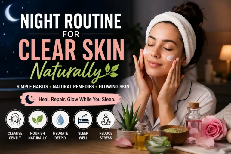 woman following night routine for clear skin naturally with skincare, aloe vera, and relaxing bedtime environment