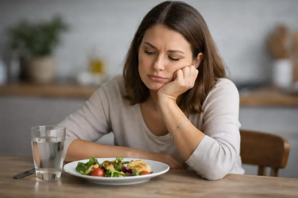 What to Eat When You Don’t Feel Hungry 1 person not feeling hungry looking at food plate low appetite concept