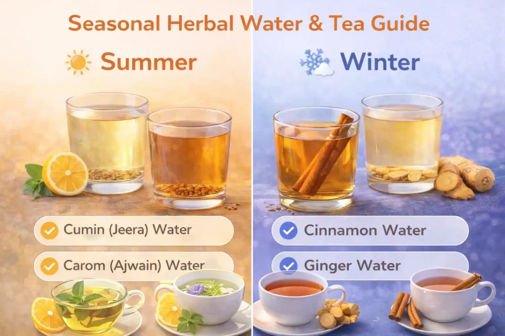7 Indian Herbal Waters That Transform Digestion 6 Infographic showing seasonal herbal water and tea guide with summer drinks like jeera and ajwain water and winter drinks like cinnamon, ginger water and herbal teas for digestion