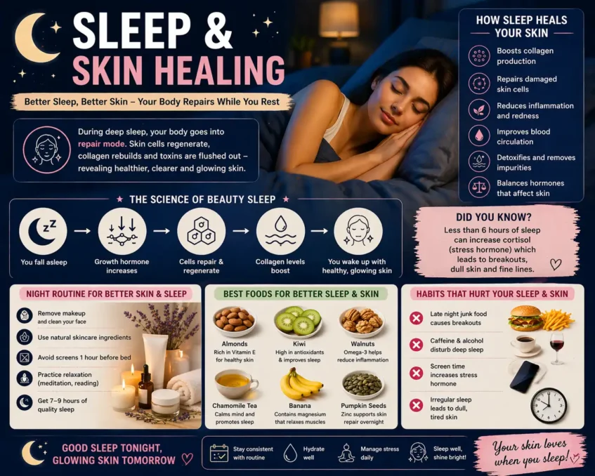 sleep and skin healing showing how deep sleep boosts collagen repair and glowing skin naturally overnight