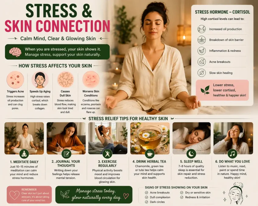 stress and skin connection showing how cortisol causes acne inflammation and dull skin with meditation and relaxation for clear skin naturally