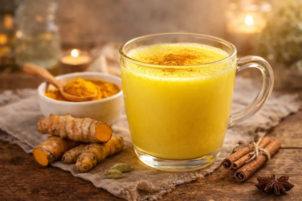 Turmeric golden milk in a glass cup with spices, a natural anti-aging drink for reducing inflammation and improving skin health